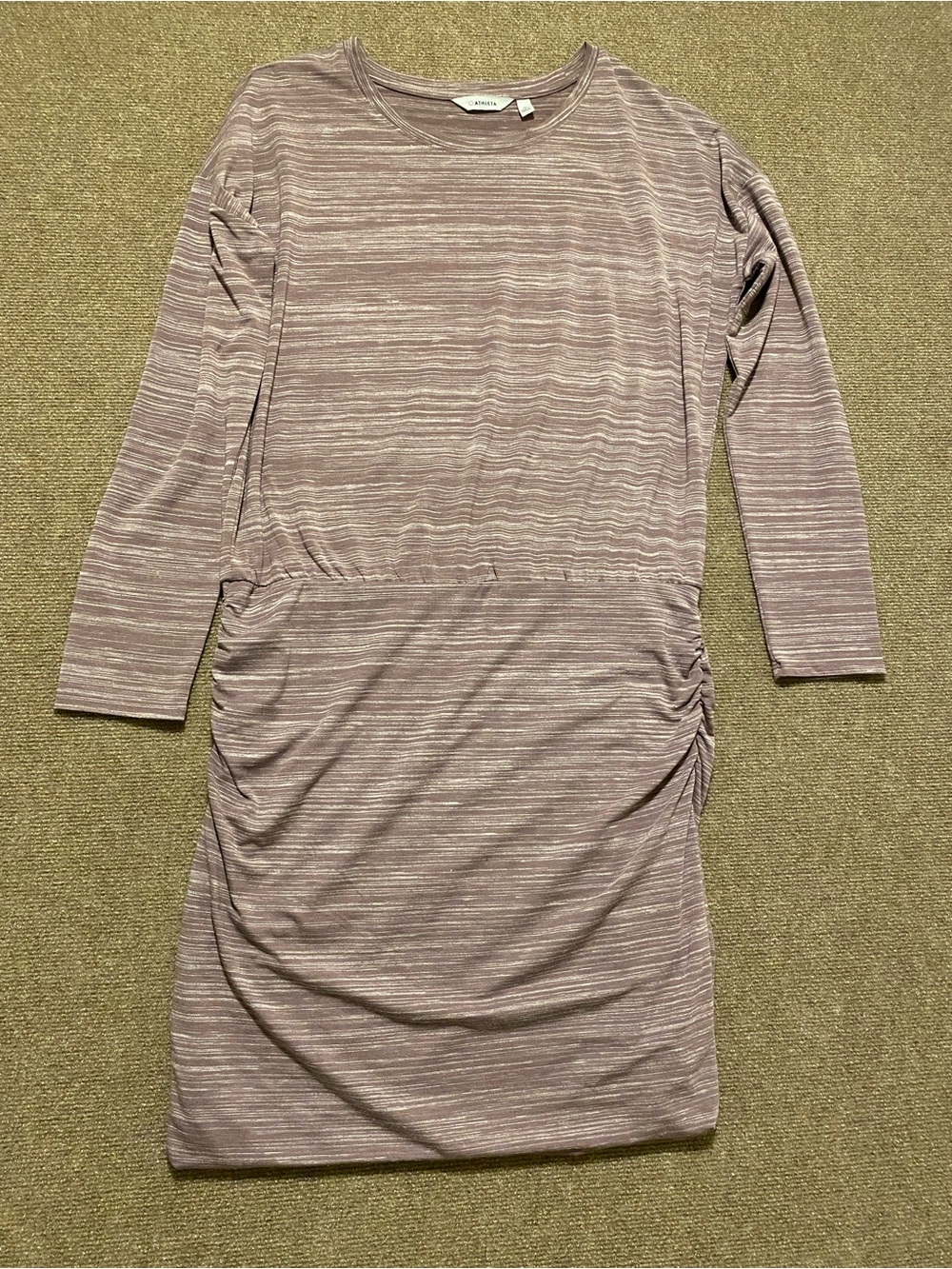 Athleta Mauve Striped Long Sleeve Ruched Dress Size M